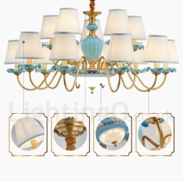 Retro Vintage Brass Ceramics Pendant Candle Chandelier with Blue Fabric Shades