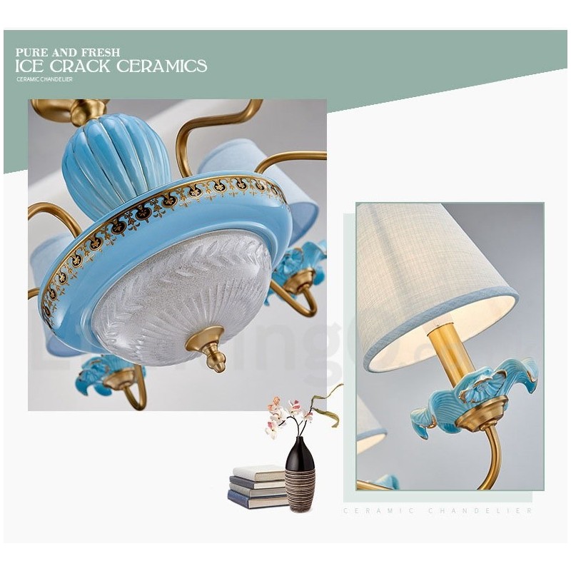 Retro Vintage Brass Ceramics Pendant Candle Chandelier with Blue Fabric Shades