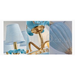 Retro Vintage Brass Ceramics Pendant Candle Chandelier with Blue Fabric Shades