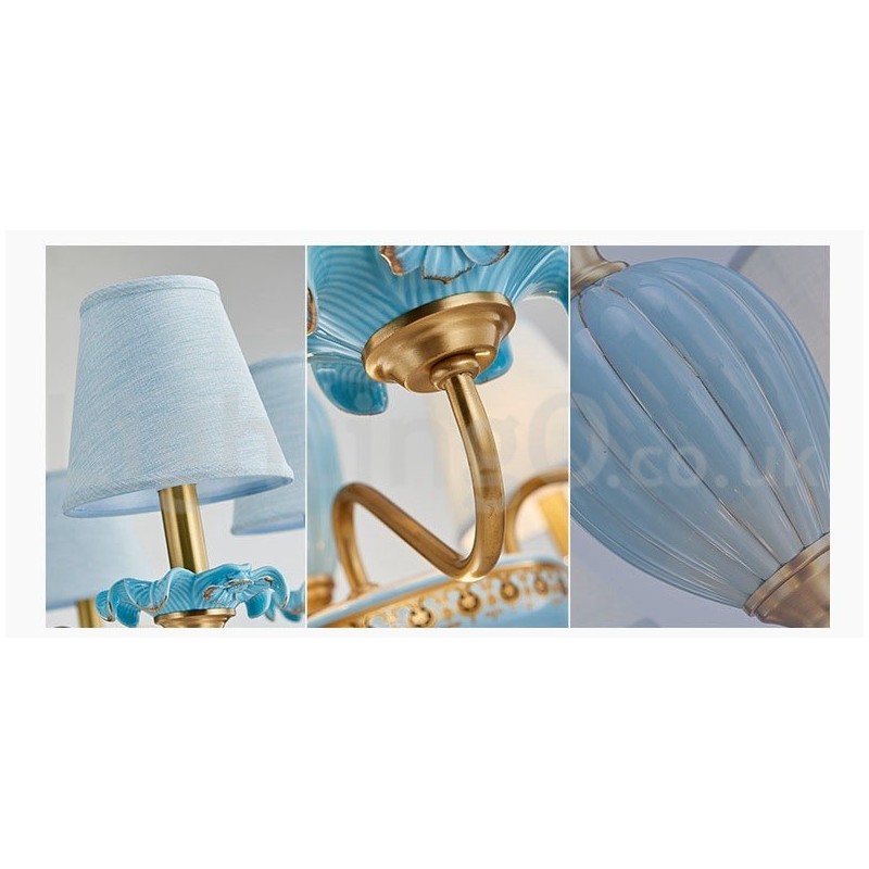Retro Vintage Brass Ceramics Pendant Candle Chandelier with Blue Fabric Shades