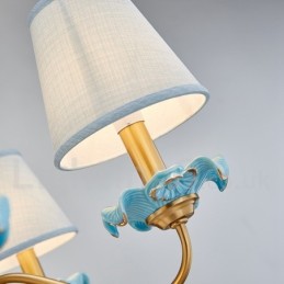 Retro Vintage Brass Ceramics Pendant Candle Chandelier with Blue Fabric Shades