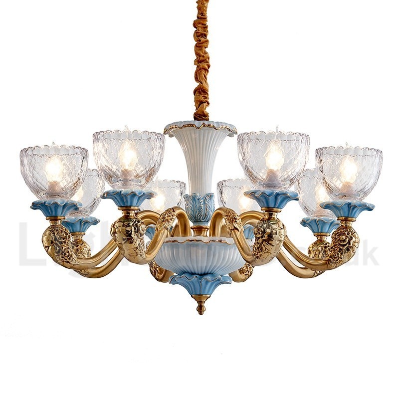 Retro Vintage Brass Ceramics Pendant Candle Chandelier with Glass Shades