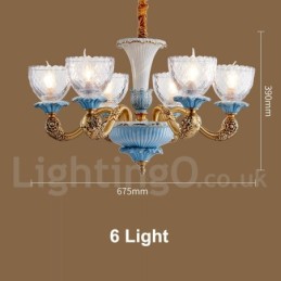 Retro Vintage Brass Ceramics Pendant Candle Chandelier with Glass Shades