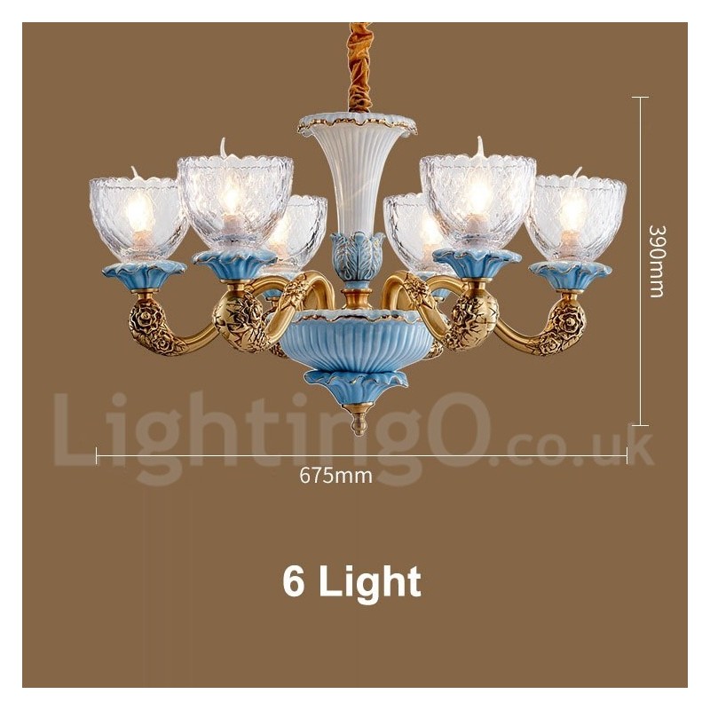 Retro Vintage Brass Ceramics Pendant Candle Chandelier with Glass Shades