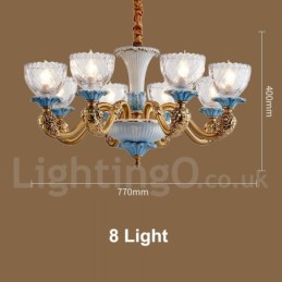 Retro Vintage Brass Ceramics Pendant Candle Chandelier with Glass Shades