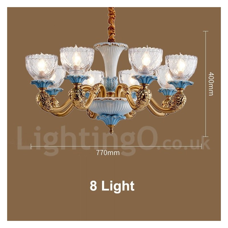 Retro Vintage Brass Ceramics Pendant Candle Chandelier with Glass Shades