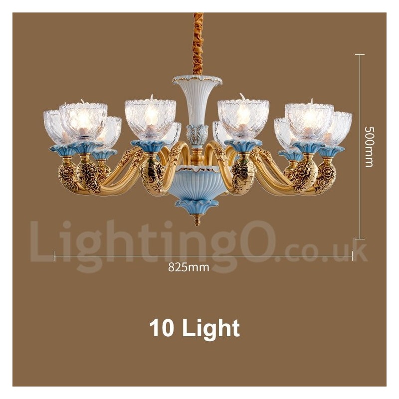 Retro Vintage Brass Ceramics Pendant Candle Chandelier with Glass Shades