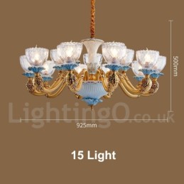 Retro Vintage Brass Ceramics Pendant Candle Chandelier with Glass Shades