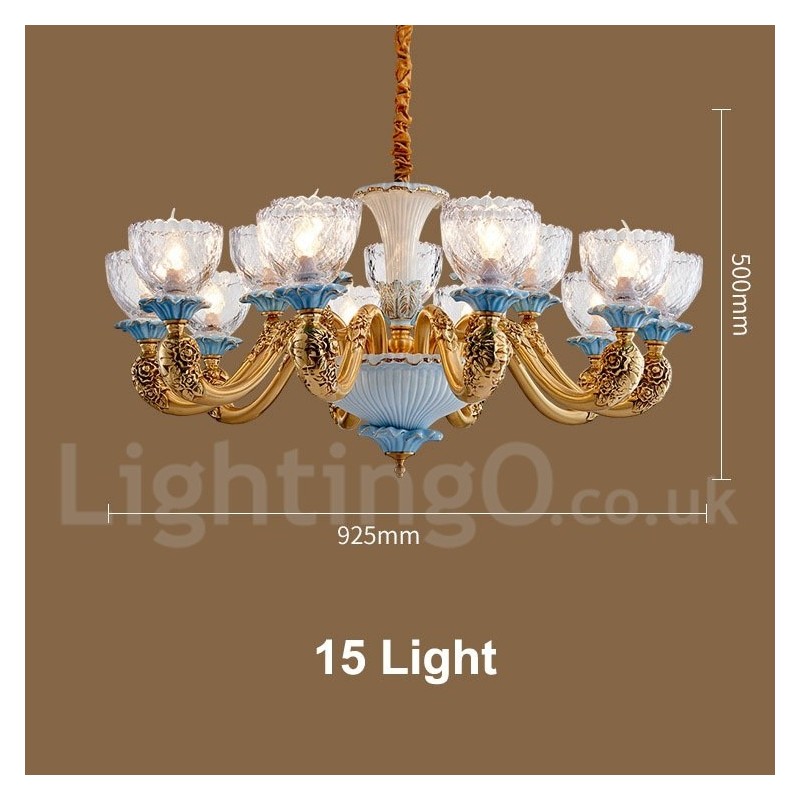 Retro Vintage Brass Ceramics Pendant Candle Chandelier with Glass Shades