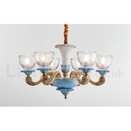 Retro Vintage Brass Ceramics Pendant Candle Chandelier with Glass Shades