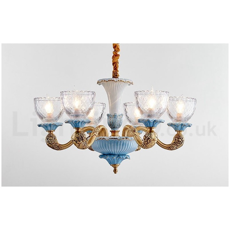 Retro Vintage Brass Ceramics Pendant Candle Chandelier with Glass Shades