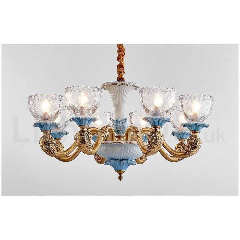 Retro Vintage Brass Ceramics Pendant Candle Chandelier with Glass Shades