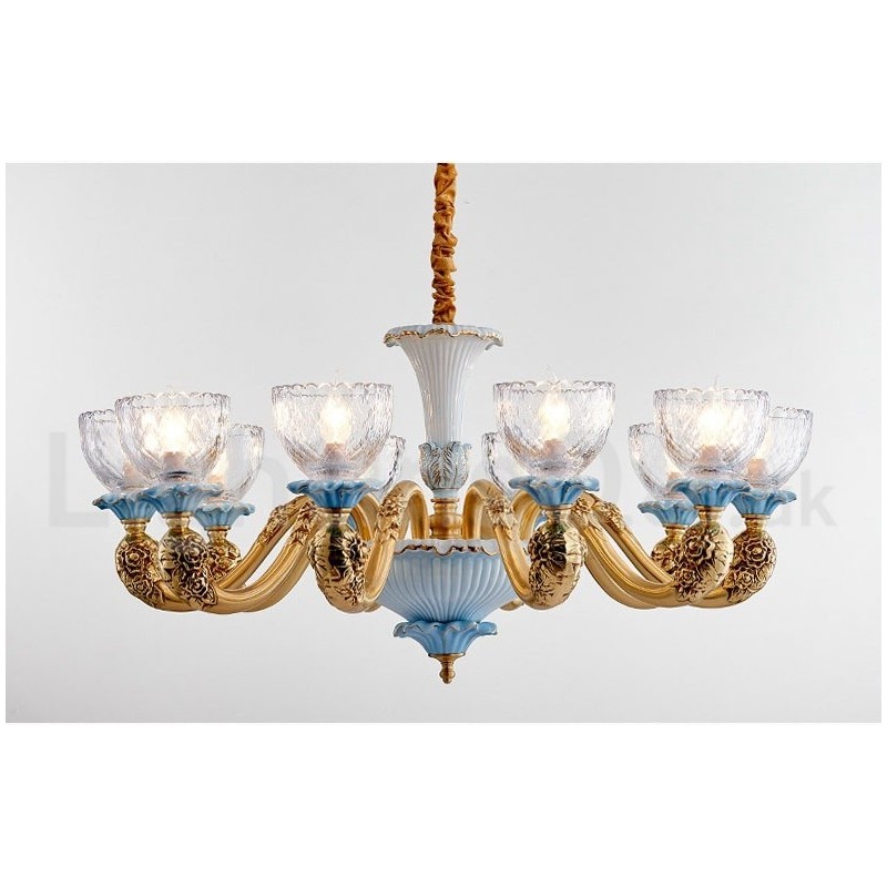 Retro Vintage Brass Ceramics Pendant Candle Chandelier with Glass Shades