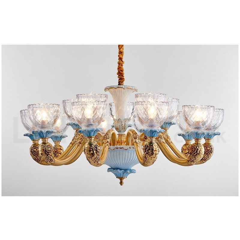 Retro Vintage Brass Ceramics Pendant Candle Chandelier with Glass Shades