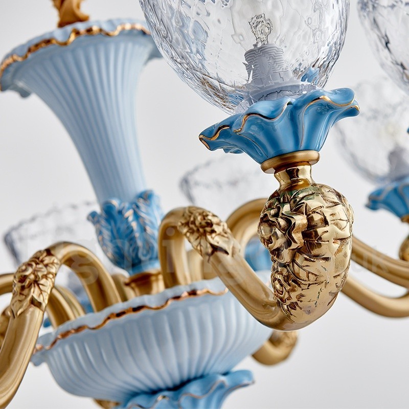 Retro Vintage Brass Ceramics Pendant Candle Chandelier with Glass Shades