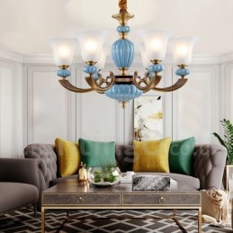 Retro Vintage Brass Ceramics Pendant Candle Chandelier with Glass Shades