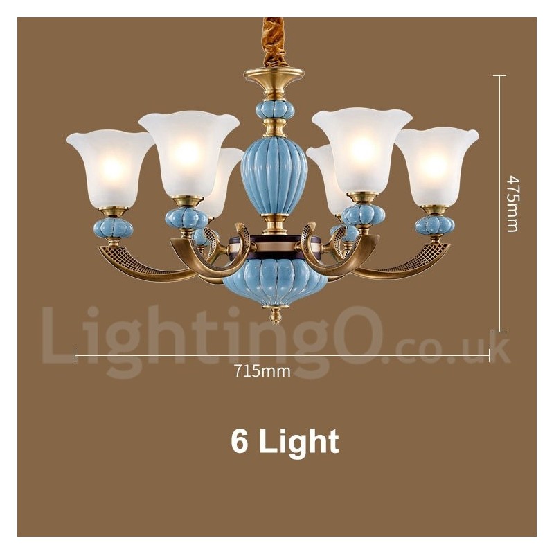 Retro Vintage Brass Ceramics Pendant Candle Chandelier with Glass Shades