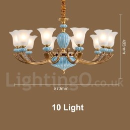 Retro Vintage Brass Ceramics Pendant Candle Chandelier with Glass Shades