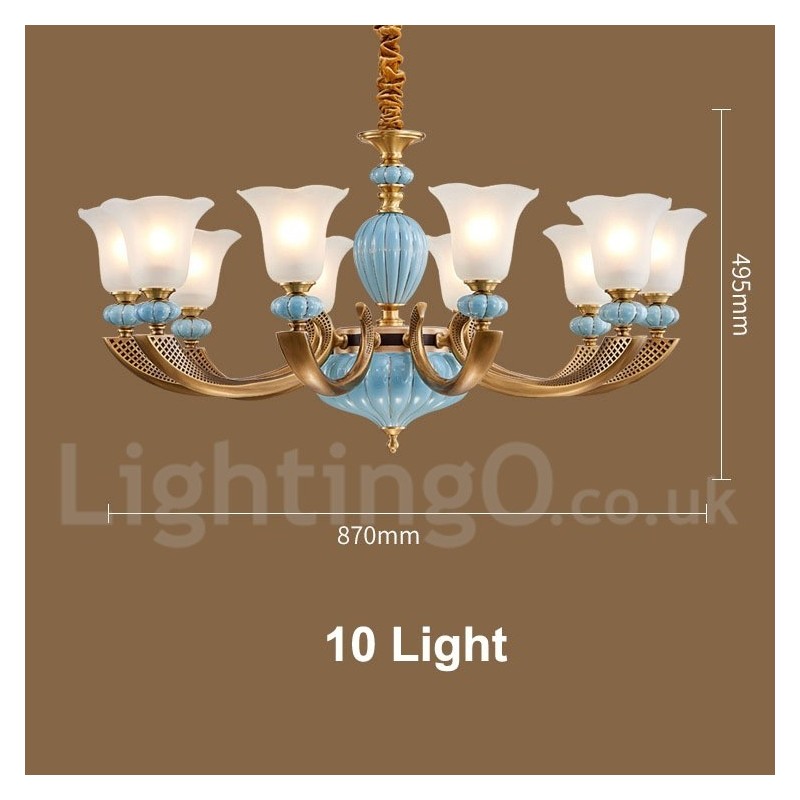 Retro Vintage Brass Ceramics Pendant Candle Chandelier with Glass Shades