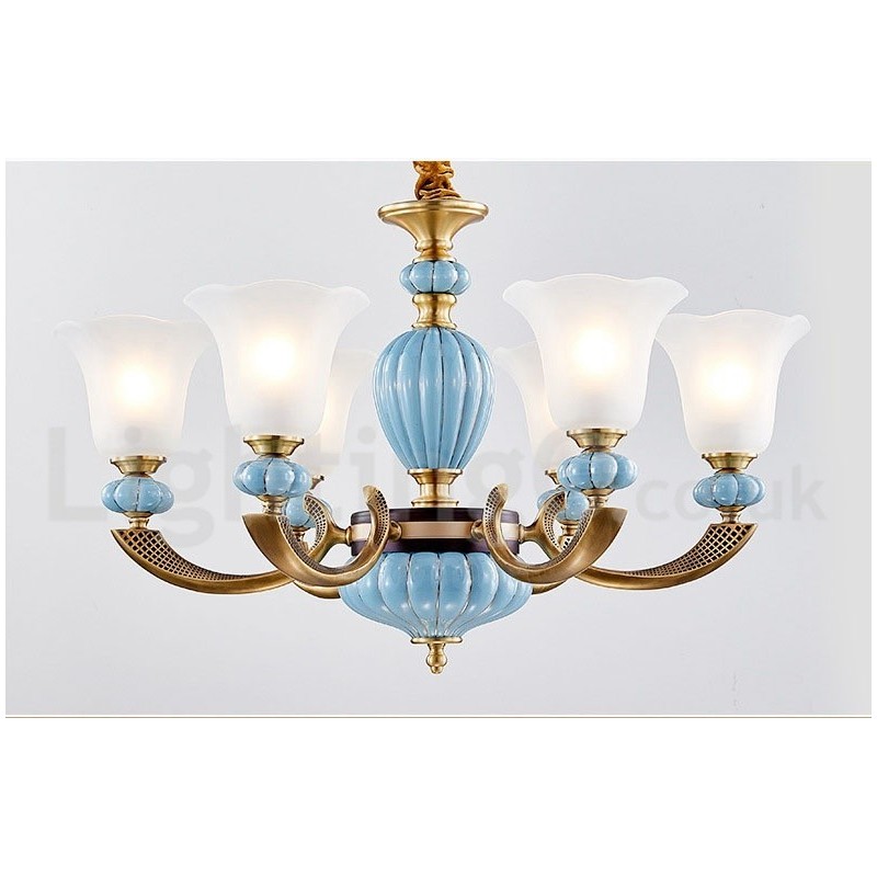 Retro Vintage Brass Ceramics Pendant Candle Chandelier with Glass Shades