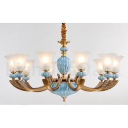 Retro Vintage Brass Ceramics Pendant Candle Chandelier with Glass Shades