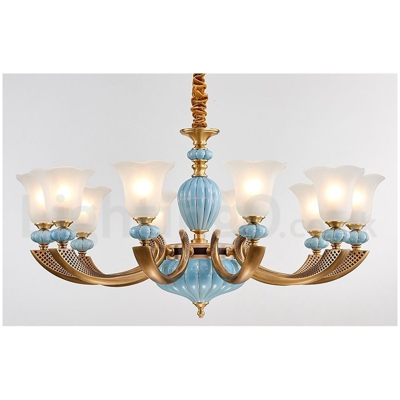 Retro Vintage Brass Ceramics Pendant Candle Chandelier with Glass Shades