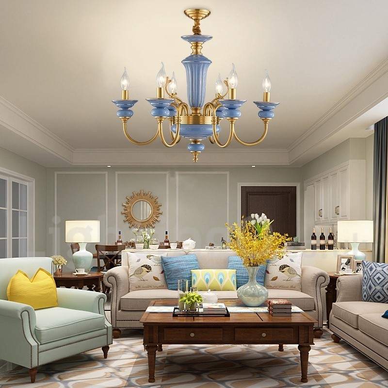 Retro Vintage Brass Ceramics Pendant Candle Chandelier