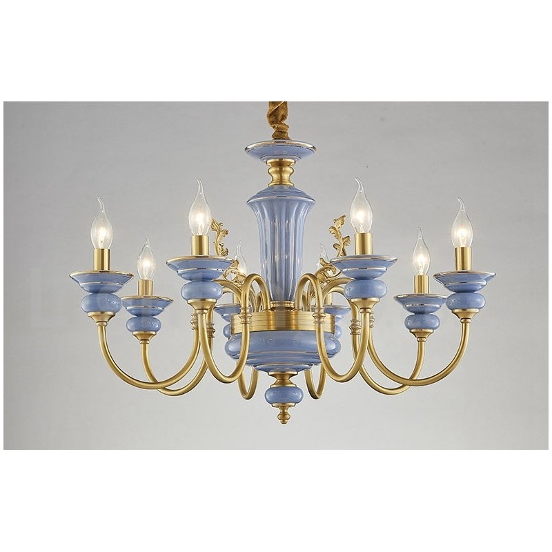 Retro Vintage Brass Ceramics Pendant Candle Chandelier