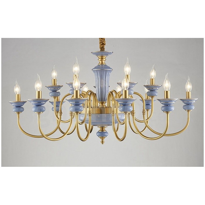 Retro Vintage Brass Ceramics Pendant Candle Chandelier