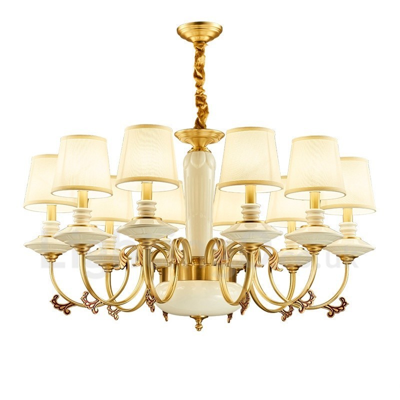 Retro Vintage Brass Ceramics Pendant Candle Chandelier with Fabric Shades
