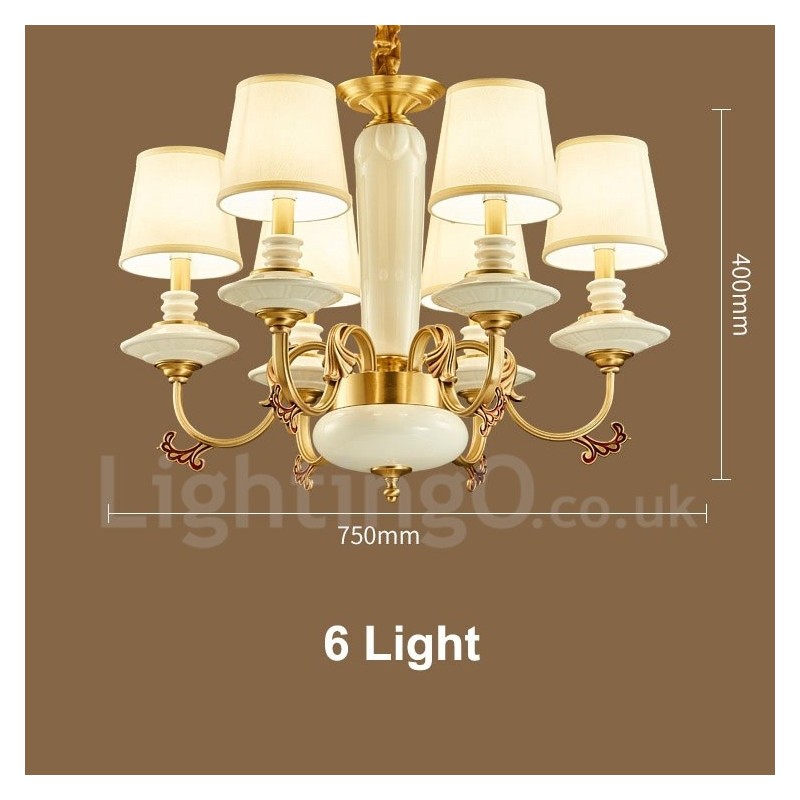 Retro Vintage Brass Ceramics Pendant Candle Chandelier with Fabric Shades