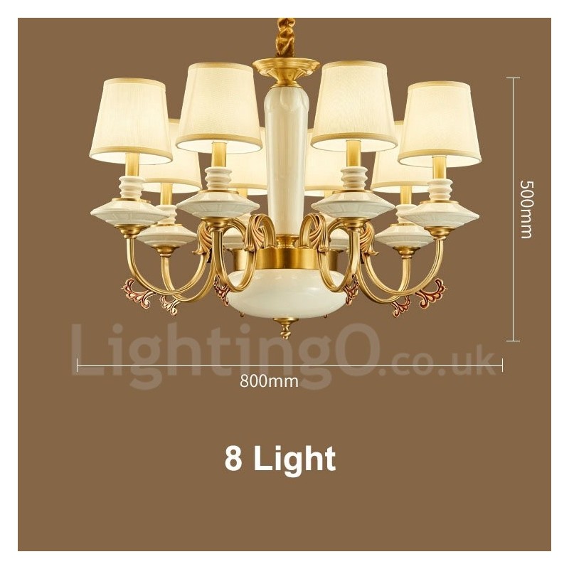 Retro Vintage Brass Ceramics Pendant Candle Chandelier with Fabric Shades