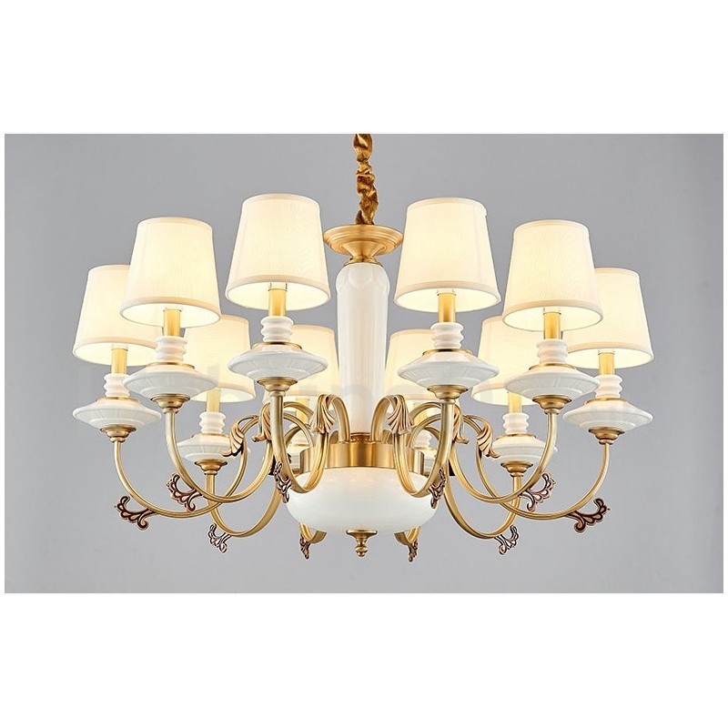 Retro Vintage Brass Ceramics Pendant Candle Chandelier with Fabric Shades