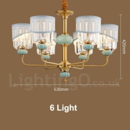 Pure Brass Luxurious Rustic Retro Vintage Brass Ceramics Pendant Candle Chandelier with Fabric and Crystal Shades
