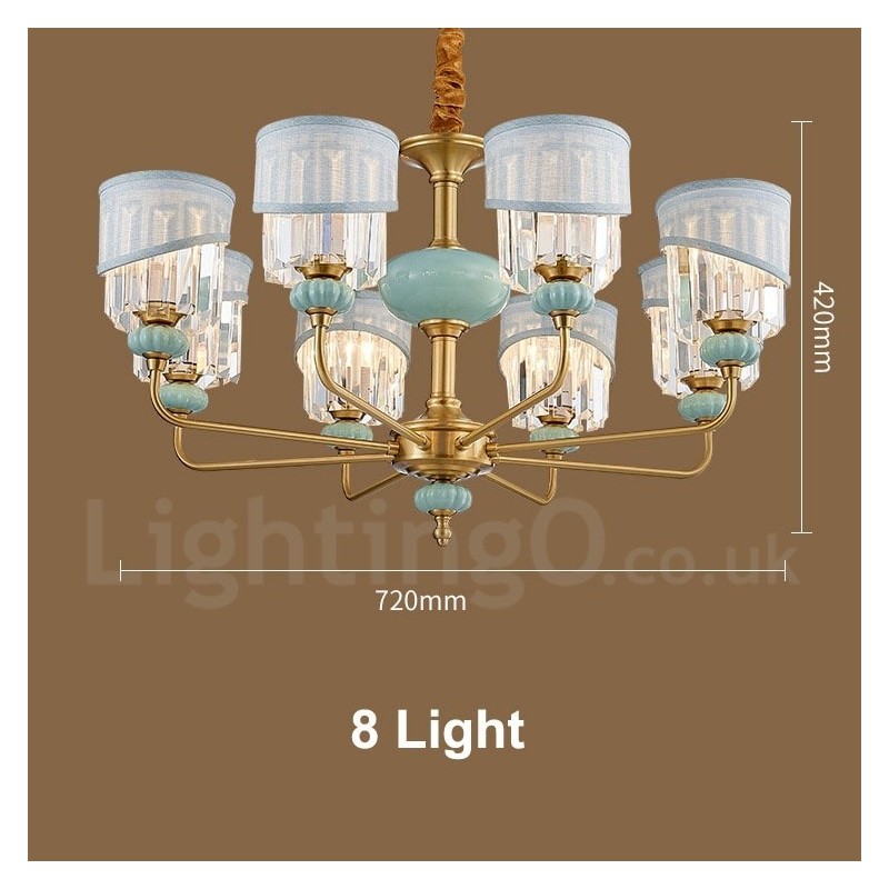 Pure Brass Luxurious Rustic Retro Vintage Brass Ceramics Pendant Candle Chandelier with Fabric and Crystal Shades