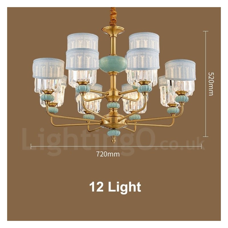 Pure Brass Luxurious Rustic Retro Vintage Brass Ceramics Pendant Candle Chandelier with Fabric and Crystal Shades