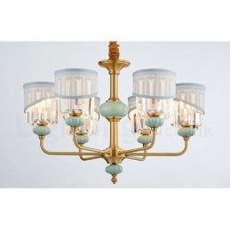 Pure Brass Luxurious Rustic Retro Vintage Brass Ceramics Pendant Candle Chandelier with Fabric and Crystal Shades