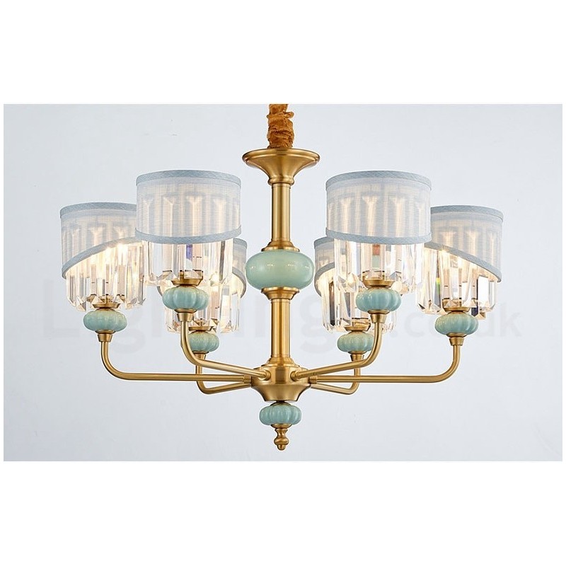 Pure Brass Luxurious Rustic Retro Vintage Brass Ceramics Pendant Candle Chandelier with Fabric and Crystal Shades