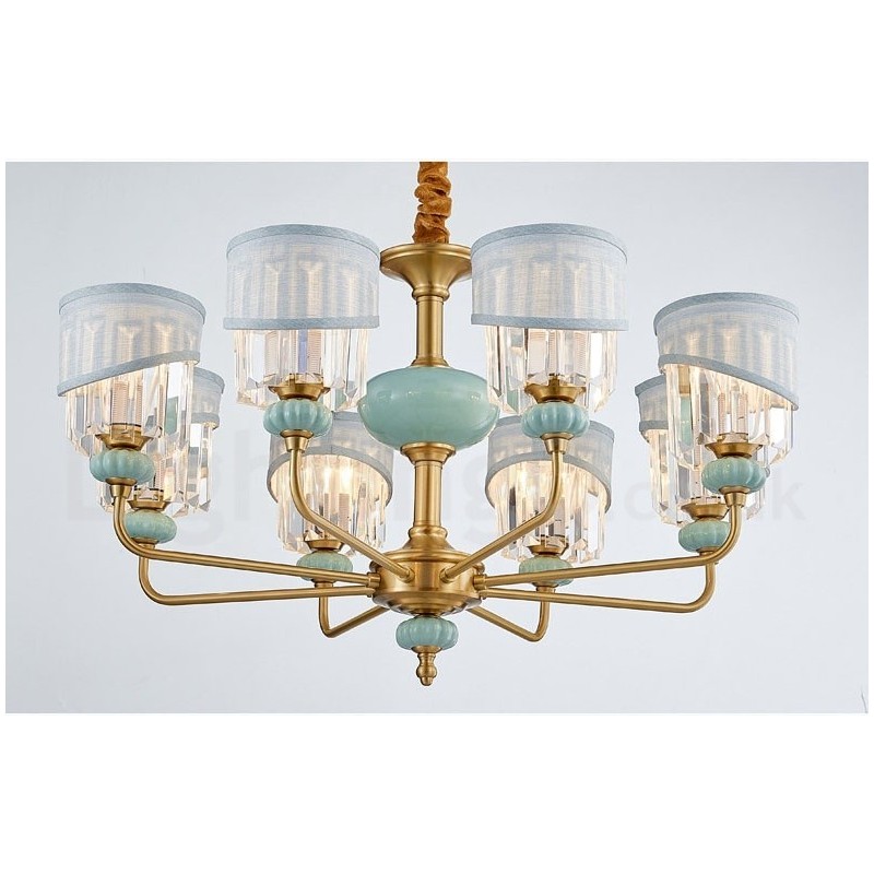 Pure Brass Luxurious Rustic Retro Vintage Brass Ceramics Pendant Candle Chandelier with Fabric and Crystal Shades