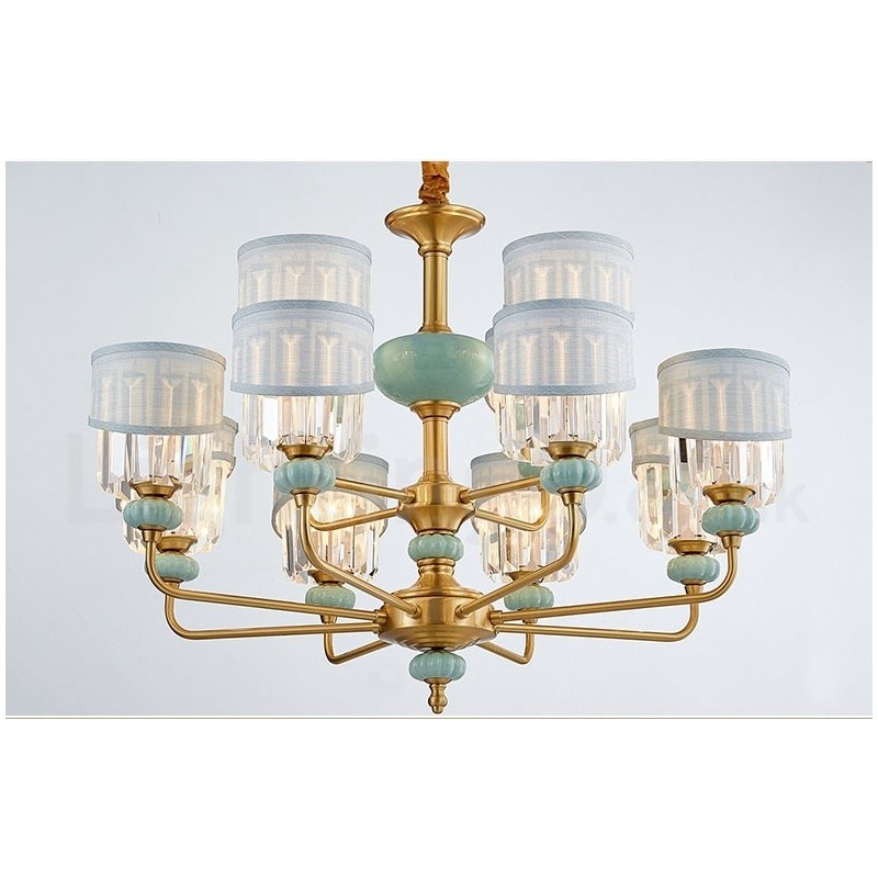 Pure Brass Luxurious Rustic Retro Vintage Brass Ceramics Pendant Candle Chandelier with Fabric and Crystal Shades
