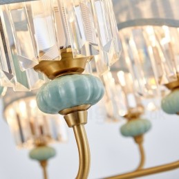 Pure Brass Luxurious Rustic Retro Vintage Brass Ceramics Pendant Candle Chandelier with Fabric and Crystal Shades