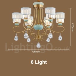 Pure Brass Luxurious Rustic Retro Vintage Brass Ceramics Pendant Candle Chandelier with Fabric and Crystal Shades