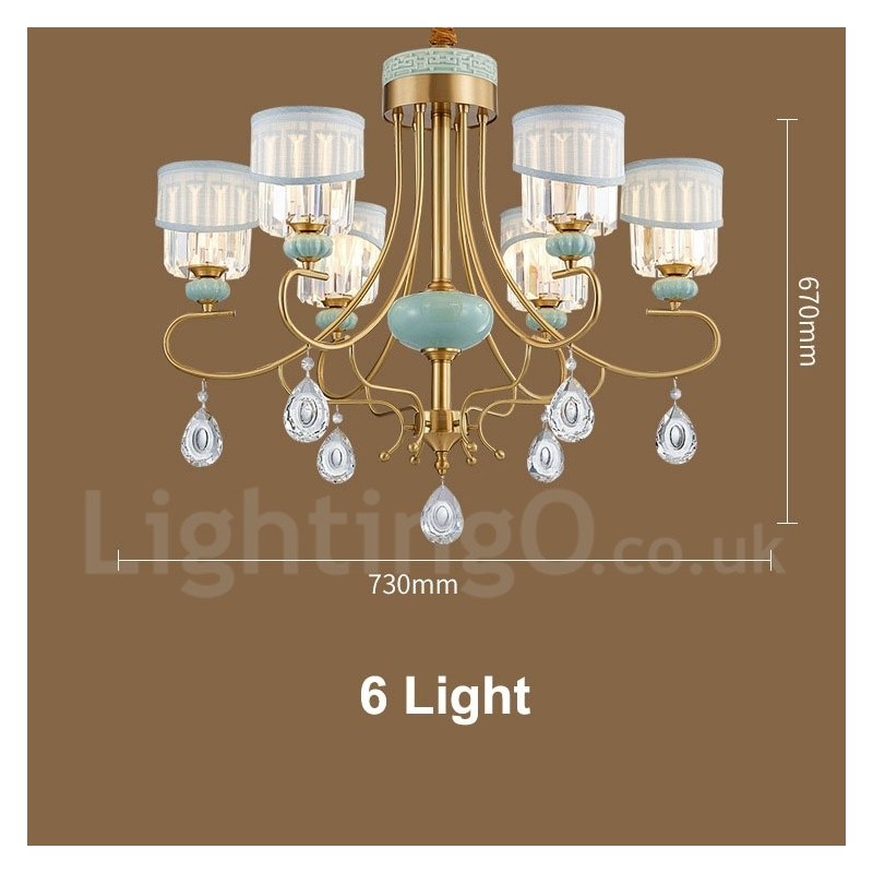 Pure Brass Luxurious Rustic Retro Vintage Brass Ceramics Pendant Candle Chandelier with Fabric and Crystal Shades