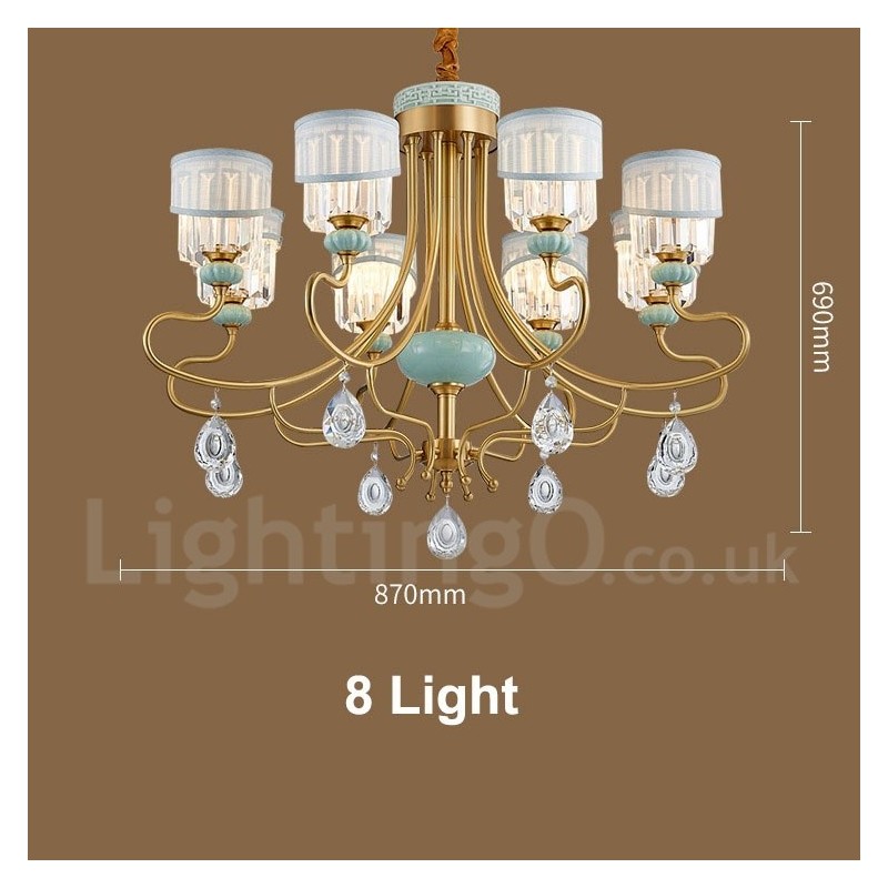 Pure Brass Luxurious Rustic Retro Vintage Brass Ceramics Pendant Candle Chandelier with Fabric and Crystal Shades