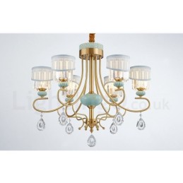 Pure Brass Luxurious Rustic Retro Vintage Brass Ceramics Pendant Candle Chandelier with Fabric and Crystal Shades