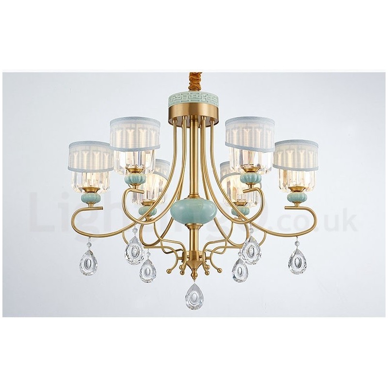 Pure Brass Luxurious Rustic Retro Vintage Brass Ceramics Pendant Candle Chandelier with Fabric and Crystal Shades