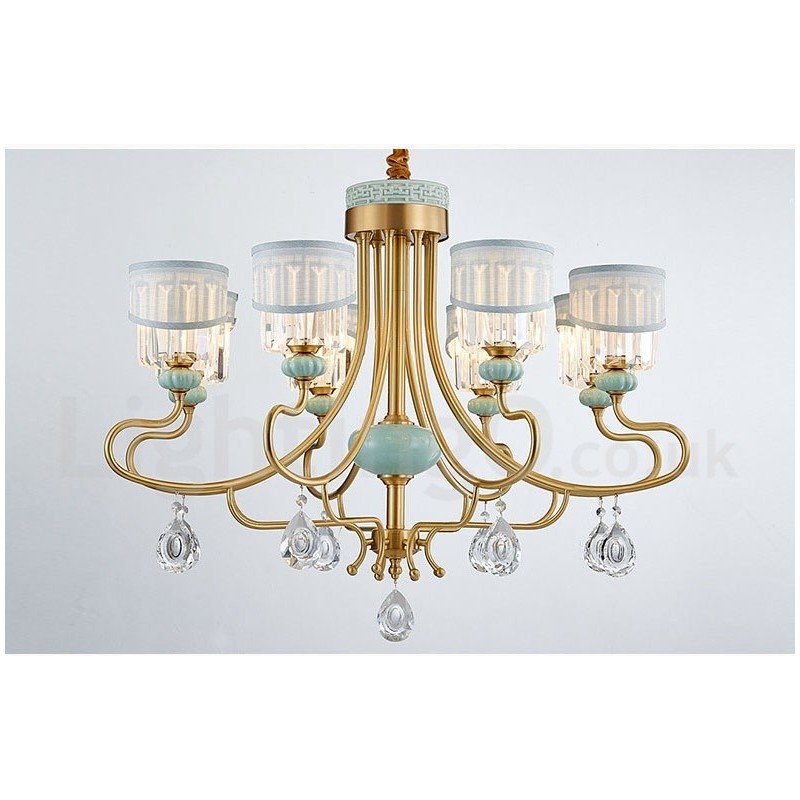 Pure Brass Luxurious Rustic Retro Vintage Brass Ceramics Pendant Candle Chandelier with Fabric and Crystal Shades