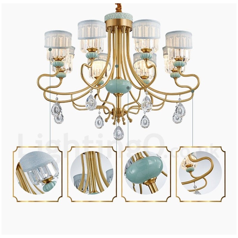 Pure Brass Luxurious Rustic Retro Vintage Brass Ceramics Pendant Candle Chandelier with Fabric and Crystal Shades