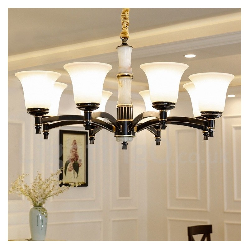 Pure Brass Luxurious Rustic Retro Vintage Brass Stone Pendant Candle Chandelier with Glass Shades