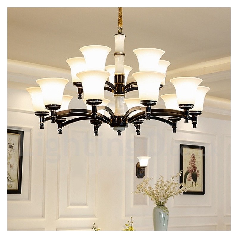 Pure Brass Luxurious Rustic Retro Vintage Brass Stone Pendant Candle Chandelier with Glass Shades